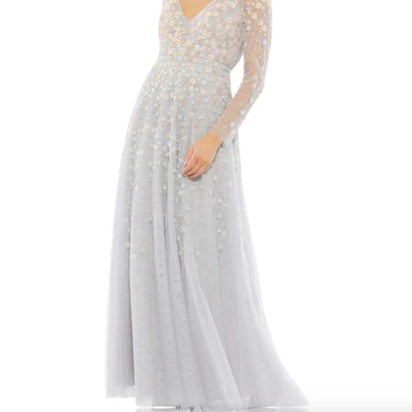 MAC DUGGAL 9131 FLORAL APPLIQUE LONG SLEEVE SURPLICE PLATINUM GOWN SZ 14 - Picture 5 of 6